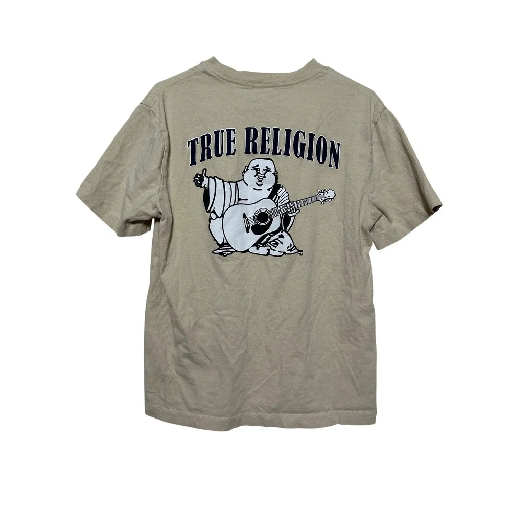 True Religion Mens Tan Buddha Guitar Graphic T-Shirt Horseshoe Logo Small Beige